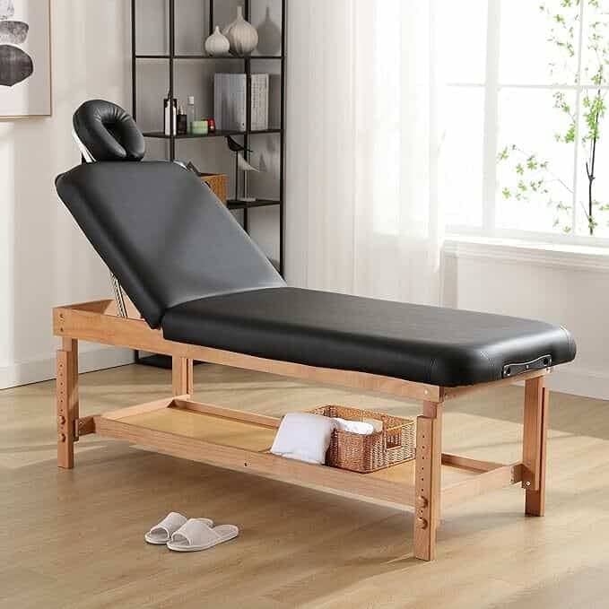 FUQIAOTEC Massage Table Stationary Massage Bed Spa Bed, Adjustable Height Heavy Duty Stationary Massage Table Bed Physical Therapy Bed with Memory Foam Layer Salon Bed, Black+Brown